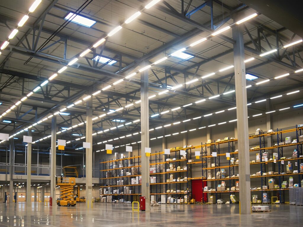 A large commercial warehouse brightly illuminated by energy-efficient overhead LED lighting.